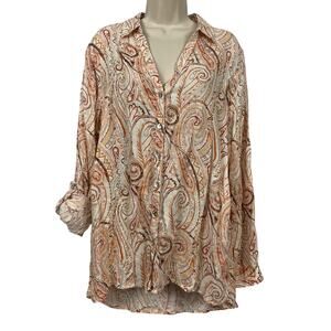Rachel Zoe 100% Linen Button Up Top Womens Large Beige Paisley Roll Tab High Low